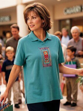 Koret Francisca Women S Polo Teal Cotton Blend Patchwork Louvre Rare Y2K Vintage